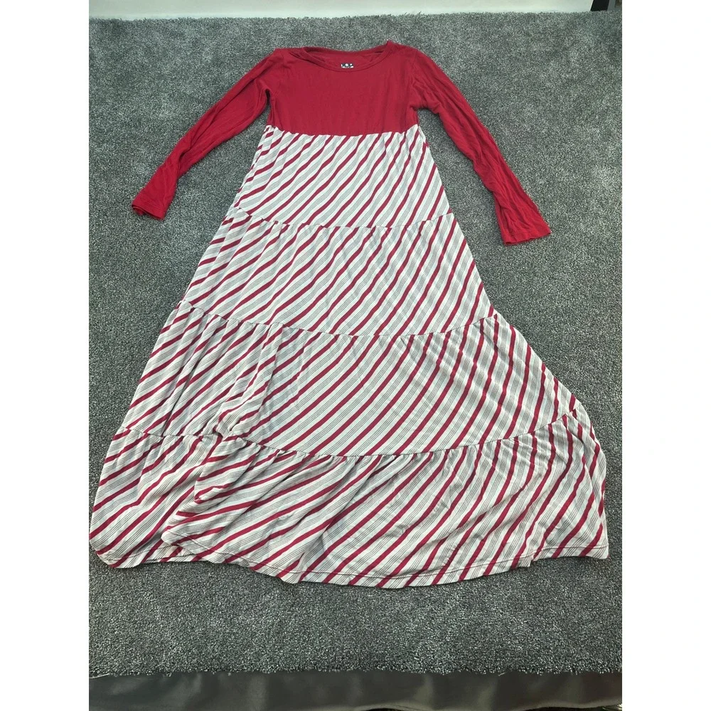 Kickee Kids Girls Red Gray Stripe‎ Tiered Maxi Dress Long Sleeve Size M 8 10
